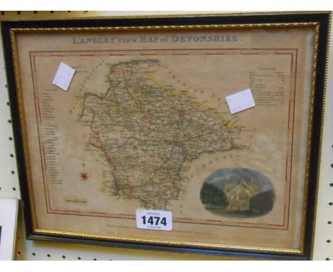 A Hogarth framed small format coloured Langley's map print of Devonshire