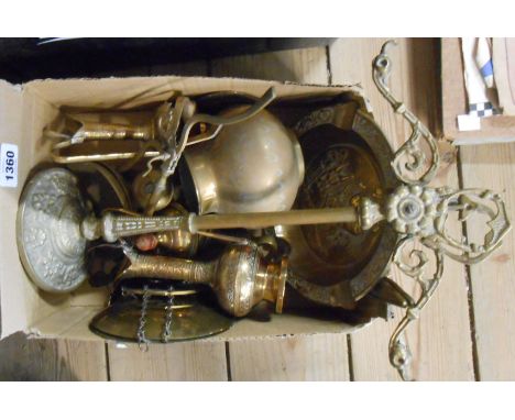 A box containing a quantity of assorted brass items including set of scales and weights, Eastern embossed pots, etc.