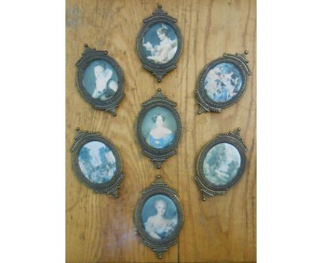 Seven gilt metal framed reproduction portrait miniature prints