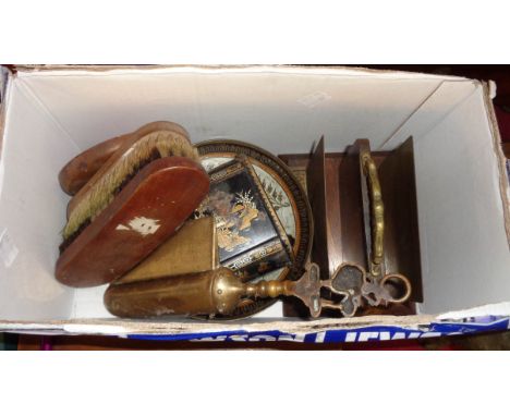 A box containing a quantity of assorted metalware and other collectable items including letter rack, egg timer, etc.