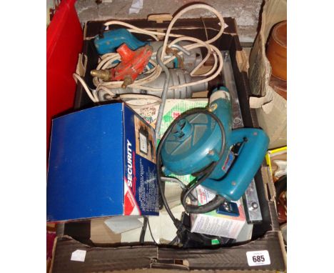 A box containing a quantity of power tools including vintage Wolf Heavy Duty drill, another similar, Makita handheld blower, 