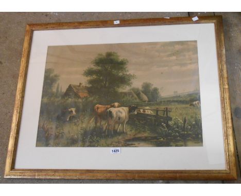 An antiqued gilt framed large format coloured print, depicting cattle in a rural setting