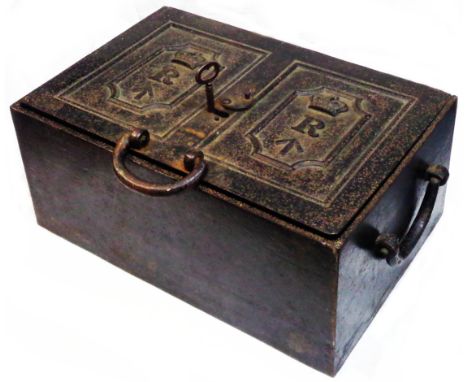 A Victorian cast iron revenue army strong box with decorative crowned R and 'crows foot' War Department mark to lid - with or