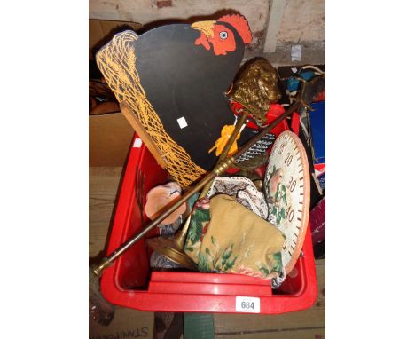 A crate containing a quantity of assorted items including modern outdoor thermometer, old cast iron scales, enamel chamber st