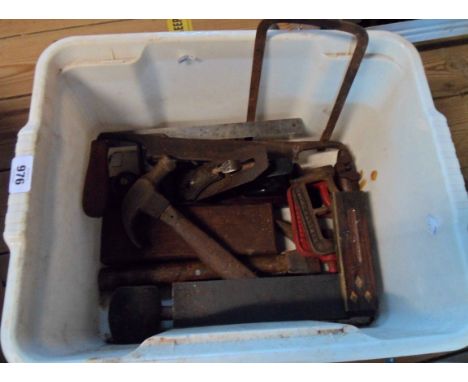 A crate containing a quantity of assorted tools including plane, square, hammers, clamps, etc.