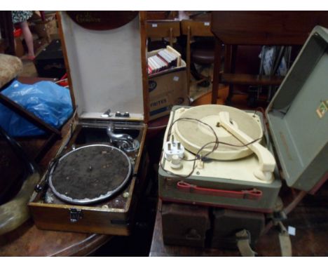 An old Chorister wind-up table gramophone with later lacquered finish - sold with a vintage HMV portable record player