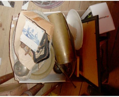 A box containing a quantity of assorted collectable items including brass chamberstick, plated items, tools, etc.