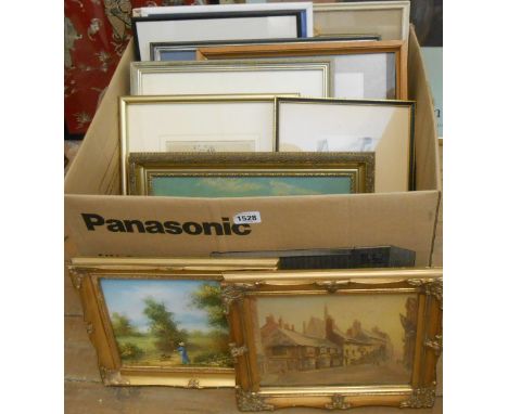 A box containing a quantity of assorted pictures and prints including original works, oils, Japanese woodblock print, etc. - 