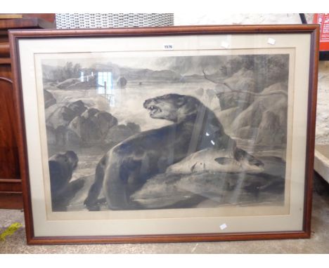 Edwin Landseer: a later framed large format monochrome print entitled 'Otter and Salmon', published in 1847 by F.G. Moon and 