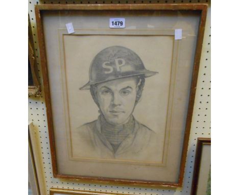 G. McTowan: a pencil portrait, depicting a wartime figure wearing a Stretcher Party leader helmet - signed and dated '41