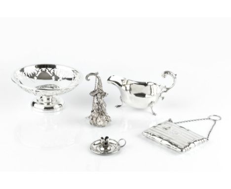 A COLLECTION OF SILVER, comprising a pierce decorated pedestal bowl, weighted base, Birmingham 1931, a sauce boat, a miniatur