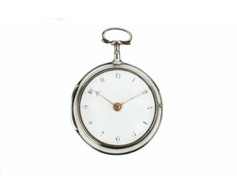 A GEORGE III SILVER PAIR CASE POCKET WATCH, the white enamel dial with Arabic numerals, to a key wind verge movement signed T