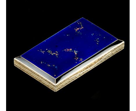 A CONTINENTAL SILVER GILT RECTANGULAR BOX, the top and base of blue enamel plaques, with gilt crystalline inclusions within a