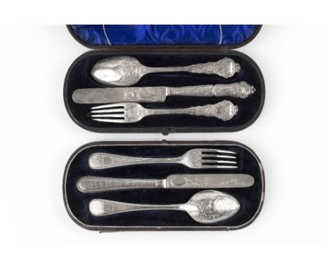 A VICTORIAN SILVER CHRISTENING KNIFE, FORK AND SPOON, relief decorated with classical females and stylised foliage, by Chawne