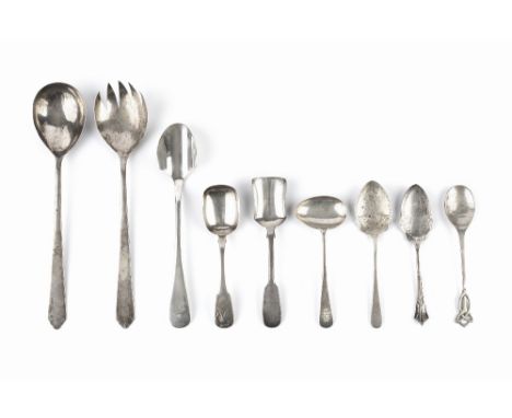 A COLLECTION OF SILVER, comprising an Old English pattern cheese scoop, Sheffield 1927; a pair of salad servers; a christenin