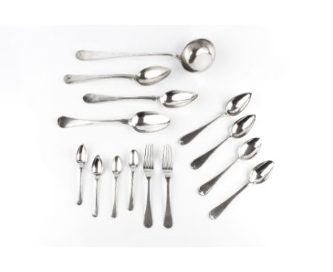 A MATCHED PART SERVICE OF LATE 18TH CENTURY ITALIAN FLATWARE, comprising a soup ladle, two gravy spoons, five tablespoons, fi