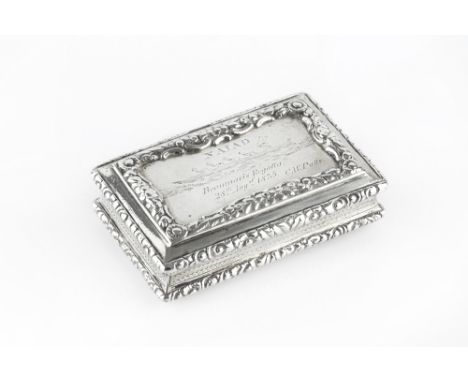 A WILLIAM IV SILVER RECTANGULAR SNUFF BOX, with foliate cast borders, the lid engraved with a four man rowing boat and inscri