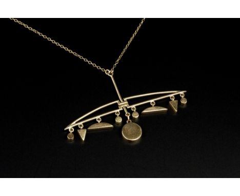 A 9CT GOLD PENDANT NECKLACE, of abstract design, suspending a line of geometric panels, on a trace-link chain with indistinct