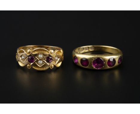 A RUBY AND HALF PEARL DRESS RING, 15ct gold mounted, hallmarked for Chester 1900, and a five stone ring, 18ct gold mounted, h