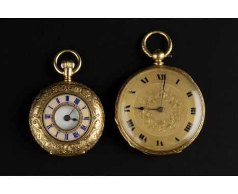 TWO FOB WATCHES, the first a half hunter fob watch, with pink and blue enamel chapter ring, keyless wind movement and profuse