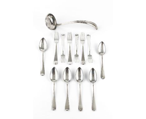 A DUTCH SOUP LADLE, with reeded edge handle, 2nd standard 833 mark, a set of six Dutch table forks and spoons, a set of six D