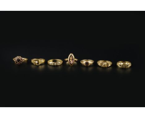 A COLLECTION OF ANTIQUE AND LATER GEM SET RINGS, comprising a late Victorian diamond five stone gypsy ring, the 18ct gold mou