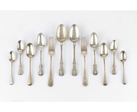 A SMALL QUANTITY OF VICTORIAN SILVER BEAD PATTERN FLATWARE, comprising two table forks, a dessert fork, three dessert spoons 