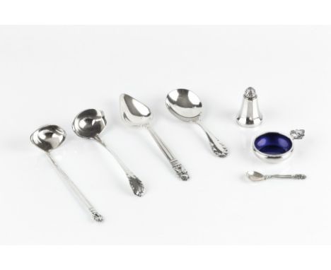 A GEORG JENSEN ACORN PATTERN SMALL LADLE, a similar salt, salt spoon, and another spoon, another similar Georg Jensen small l