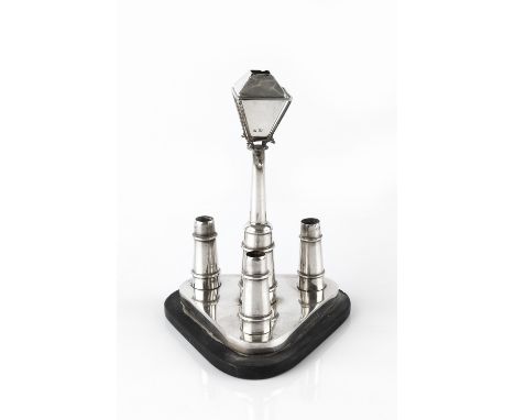 A VICTORIAN SILVER NOVELTY CIGAR TABLE LIGHTER, in the form of a street lamp, the triform base applied with a bollard taper h