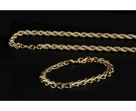 A 9CT GOLD ROPETWIST-LINK CHAIN, and a 9ct gold fancy-link bracelet, chain length 50cm (2)