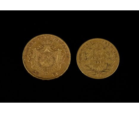 A LEOPOLD II BELGIUM 20 FRANCS GOLD COIN, dated 1877, and a Napoleon III 10 Francs gold coin, dated 1864 (2)