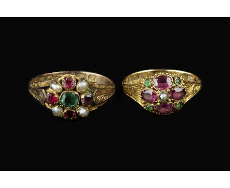 TWO 19TH CENTURY CLUSTER RINGS, each with a cluster of half pearls, green and red/purple stones in beaded pinched-claw settin