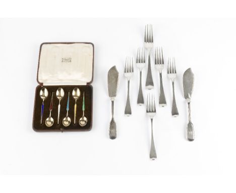 A SET OF SIX DANISH VARI-COLOURED ENAMEL INSET COFFEE SPOONS stamped 'Meka Sterling, Denmark', cased, and a small collection 