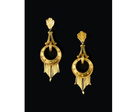 THREE PAIRS OF EARRINGS, comprising a pair of Victorian ear pendants, each hoop-shaped drop suspending a graduated fringe, on
