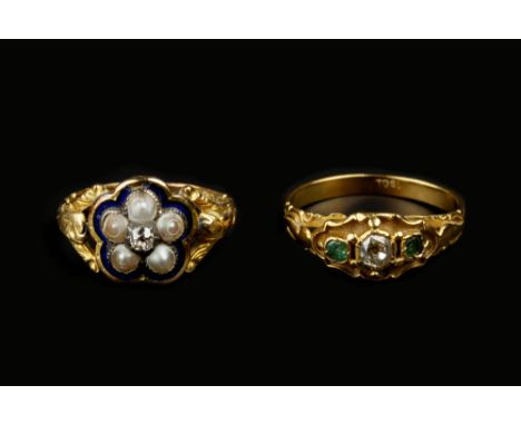 TWO 19TH CENTURY GEM SET RINGS, the first a diamond and emerald three stone ring, with foiled closed-back pinched-claw settin