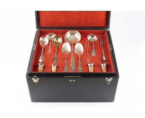 AN EARLY 20TH CENTURY SWISS CANTEEN OF FIDDLE PATTERN FLATWARE, comprising twelve each of table forks, tablespoons, dessert f