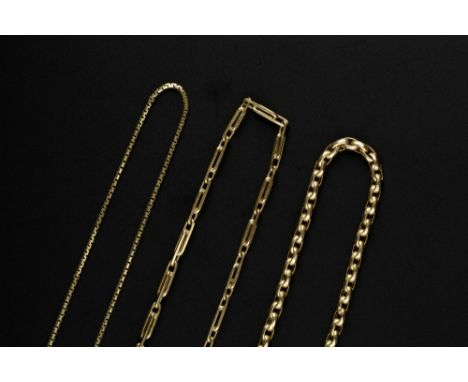THREE FANCY-LINK CHAINS, comprising a belcher-link chain, with later gilt metal fittings, a 9ct gold baton-link chain, and a 