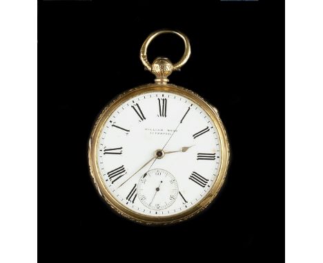 A VICTORIAN 18CT GOLD OPEN FACE CHRONOGRAPH POCKET WATCH BY WILLIAM WOOD, LIVERPOOL, the white enamel dial with Roman numeral