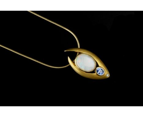 A VARI GEM-SET PENDANT NECKLACE, the abstract pierced panel of brushed finish, collet set with an oval cabochon opal and an o