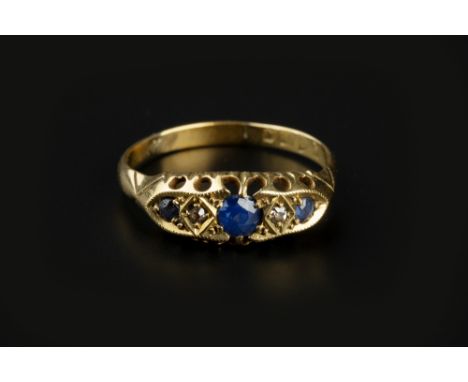 A SAPPHIRE AND DIAMOND HALF HOOP RING, alternately set with graduated circular-cut sapphires and single-cut diamonds, 18ct go