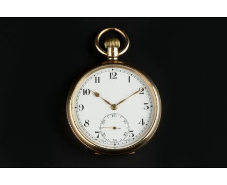 A 9CT GOLD OPEN FACE POCKET WATCH, the circular white dial with Arabic numerals and subsidiary seconds dial, to a keyless win