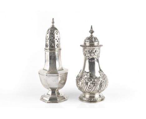 AN EDWARDIAN SILVER SUGAR CASTOR, of baluster form, repoussé decorated with spiral lobes and foliate scrolls, by George Howso