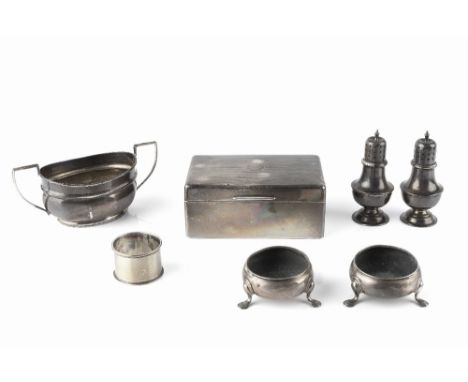 A PAIR OF GEORGE II SILVER CIRCULAR SALTS, on pad feet, by Edward Wood, London 1744; and a small collection of further silver