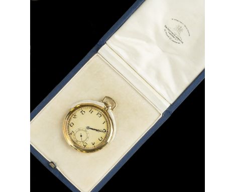 AN 18CT GOLD OPEN FACE POCKET WATCH BY LONGINES, the circular champagne dial with stylised Arabic numerals and subsidiary sec
