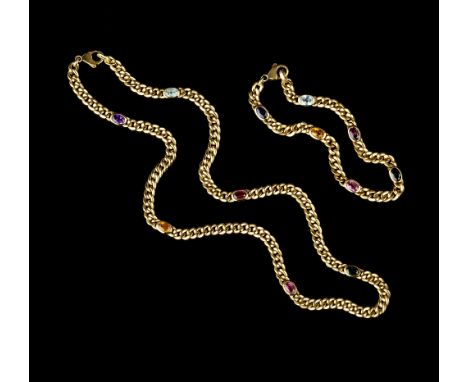 AN 18CT GOLD AND VARI GEM-SET NECKLACE AND BRACELET SUITE BY TIFFANY &amp; CO, each of curb-link design, spaced by vari colou