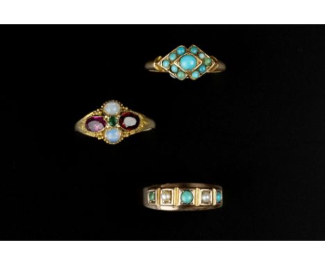 A COLLECTION OF GEM SET DRESS RINGS, comprising three turquoise cabochon set rings, an opal and gem set cluster ring, stamped