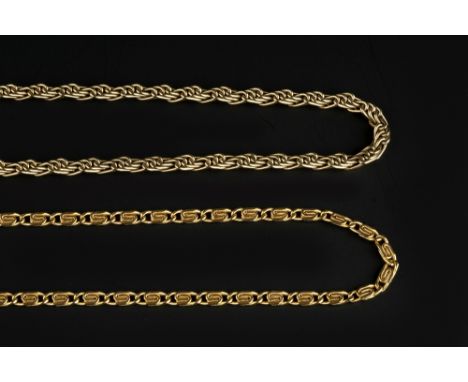 TWO 9CT GOLD FANCY-LINK CHAINS, the first of plaited-link design, the second of flattened-link design, lengths 41cm and 55cm 