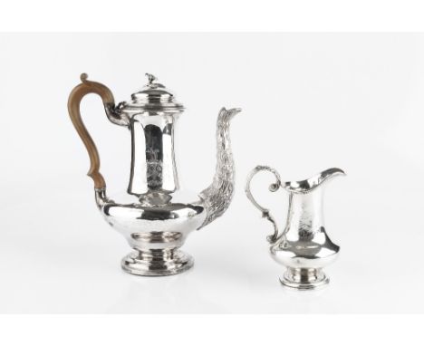 A GEORGE IV SILVER BALUSTER COFFEE POT, the spout modelled as a rustic branch, having flower finial and later composition han