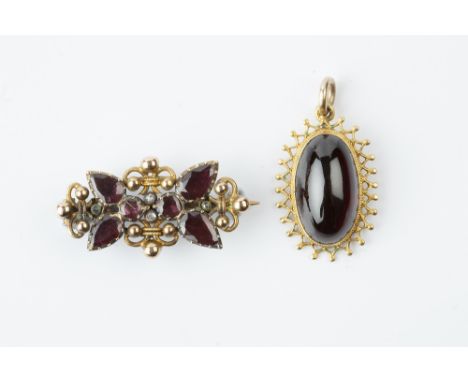 A SMALL COLLECTION OF GARNET SET JEWELLERY, comprising a garnet and diamond set panel brooch, of scrolled openwork design, a 