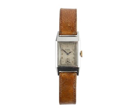 A GENTLEMAN'S STAINLESS STEEL WRISTWATCH BY ROLEX, circa 1930-35, the rectangular silvered dial with gilt Arabic numerals, su
